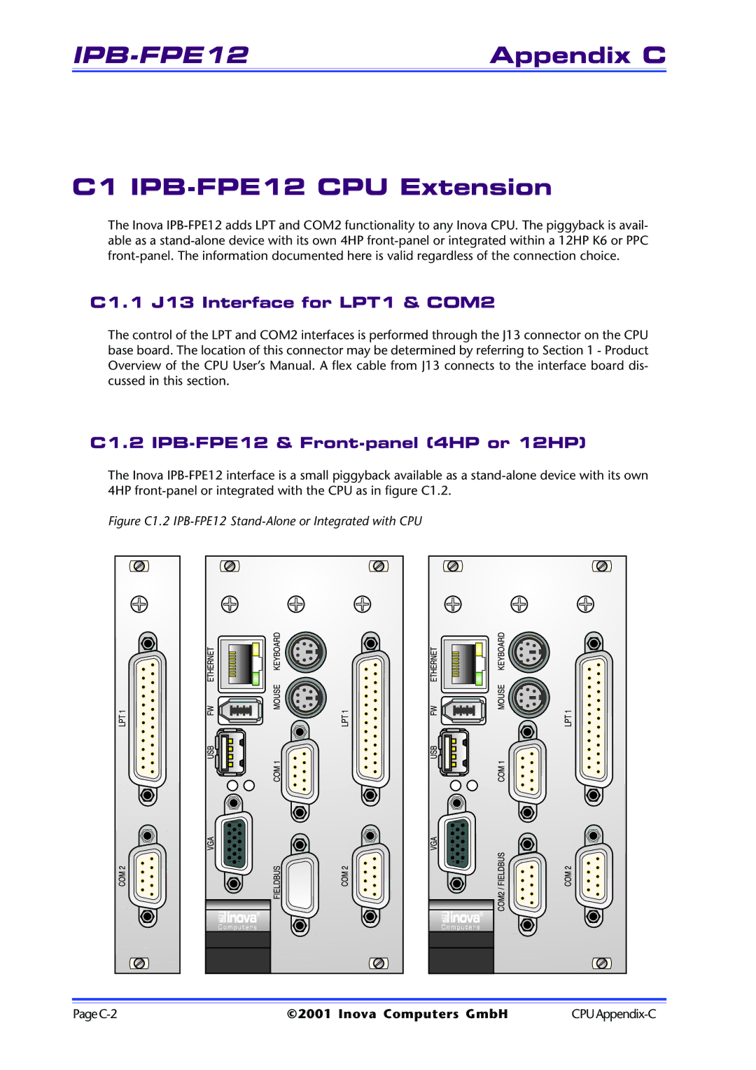 Inova ICP-PII C1 IPB-FPE12 CPU Extension, C1.1 J13 Interface for LPT1 & COM2, C1.2 IPB-FPE12 & Front-panel 4HP or 12HP 