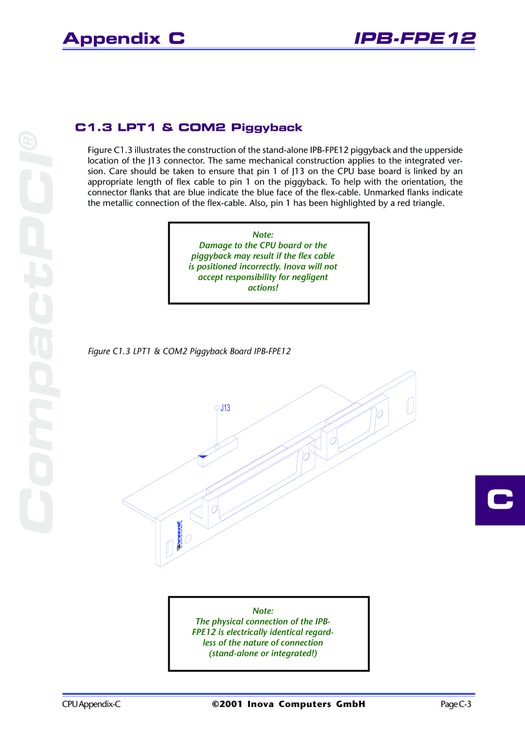 Inova ICP-PII user manual C1.3 LPT1 & COM2 Piggyback, J13 