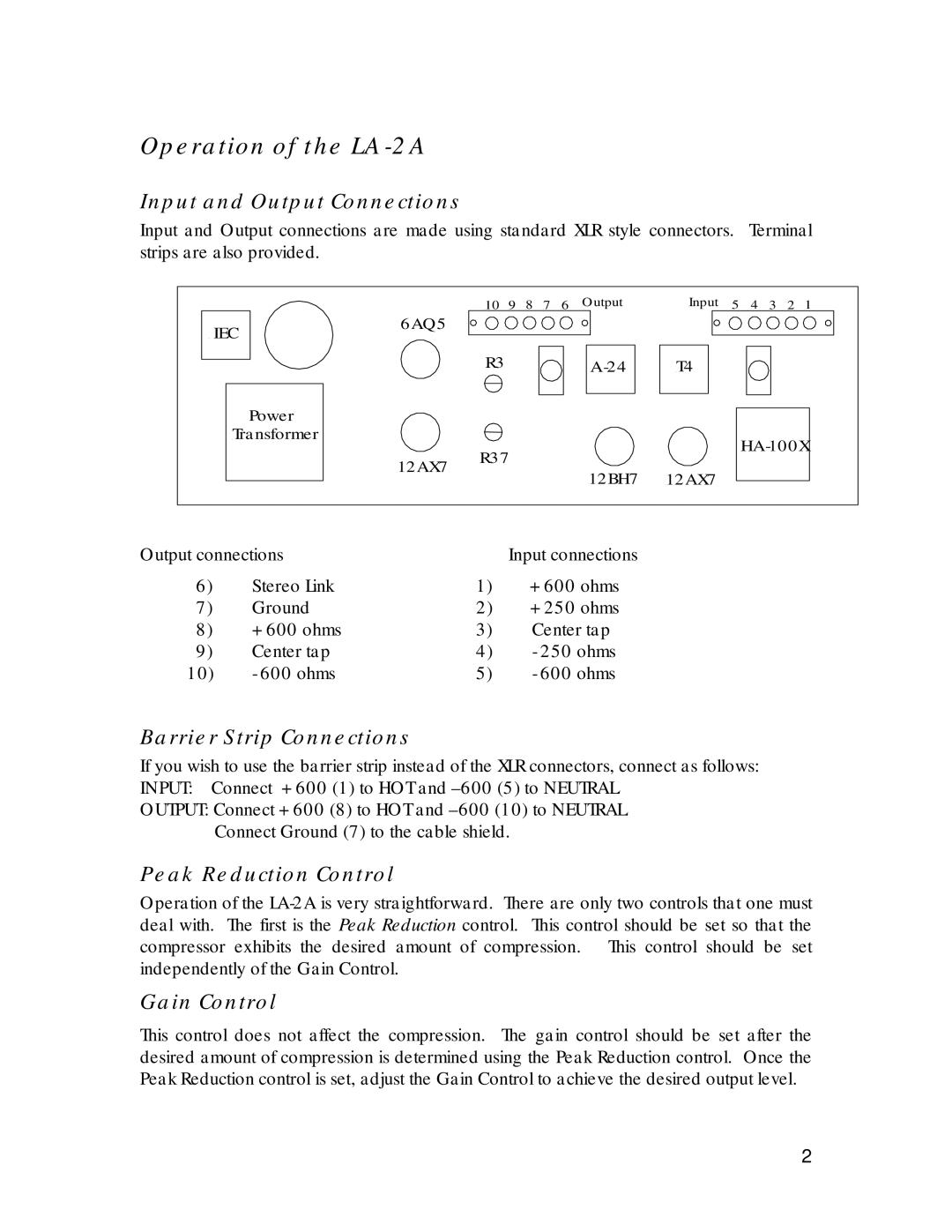 Inova manual Operation of the LA-2A, Input and Output Connections, Barrier Strip Connections, Peak Reduction Control 