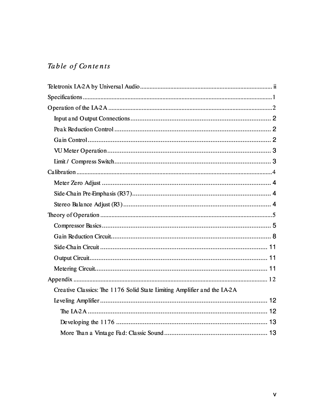 Inova LA-2A manual Table of Contents, Appendix 