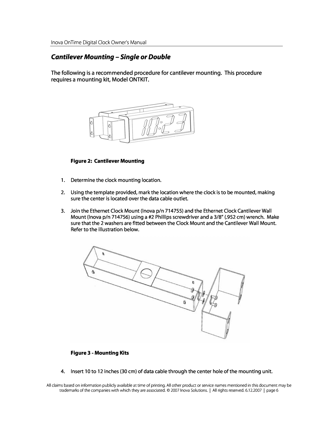 Inova OnTimeTM owner manual Cantilever Mounting - Single or Double, Mounting Kits 