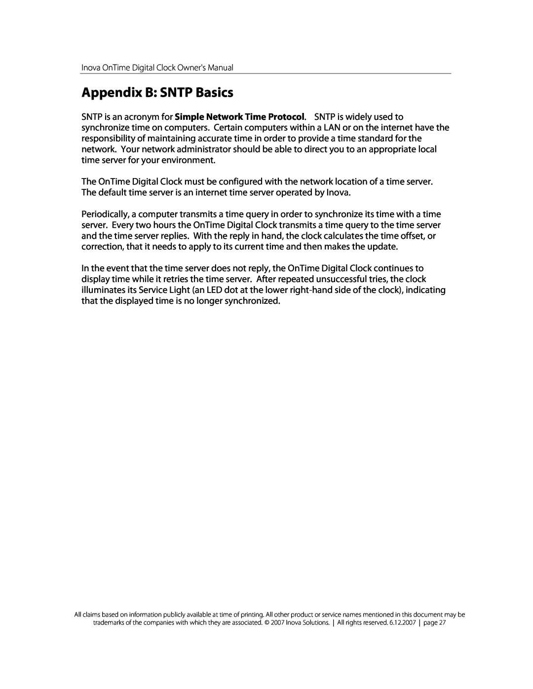 Inova OnTimeTM owner manual Appendix B SNTP Basics 