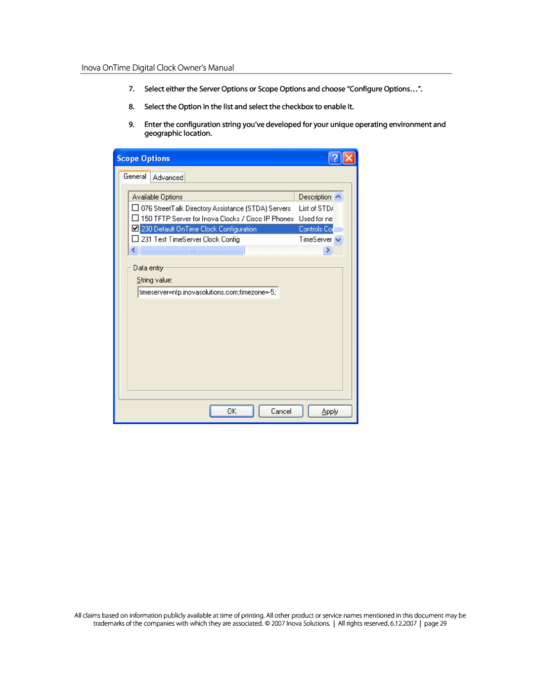 Inova OnTimeTM owner manual Select the Option in the list and select the checkbox to enable it 