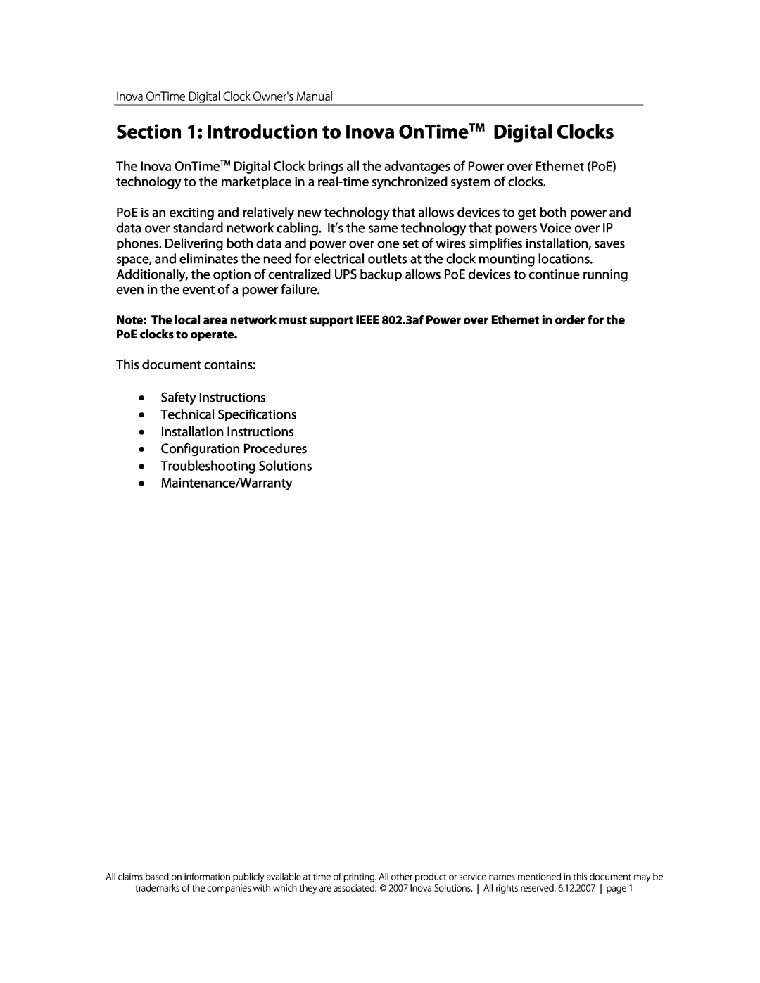 Inova owner manual Introduction to Inova OnTimeTM Digital Clocks 
