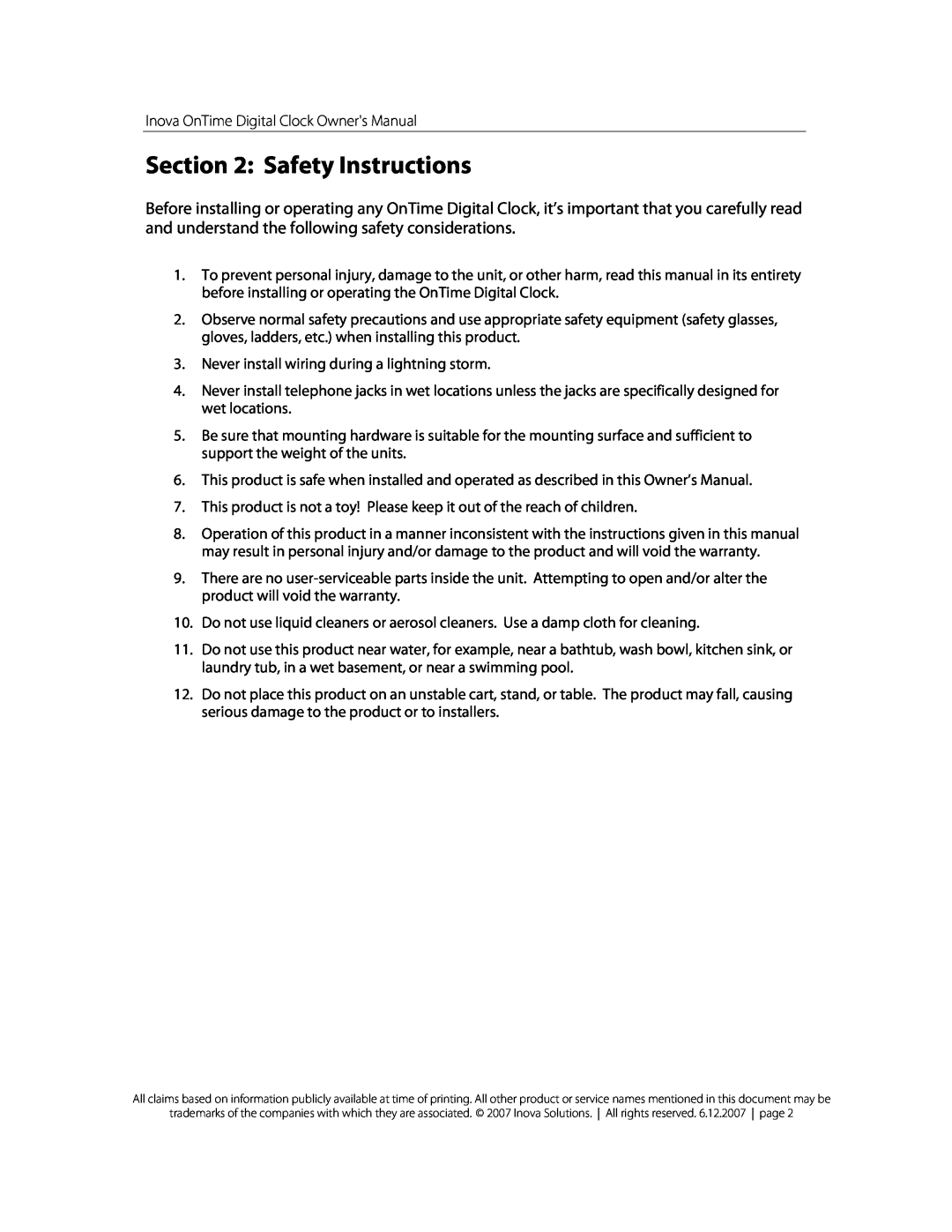 Inova OnTimeTM owner manual Safety Instructions 
