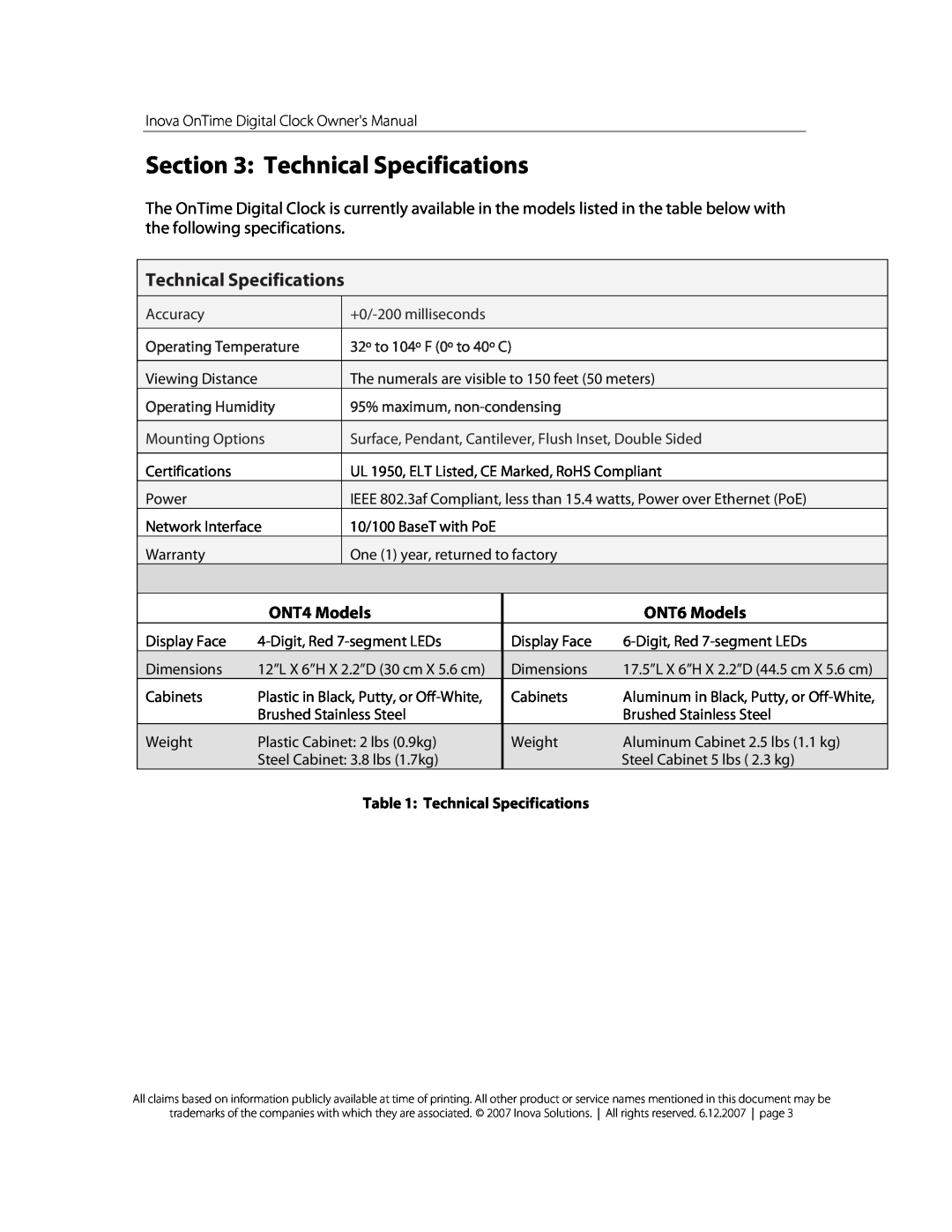 Inova OnTimeTM owner manual Technical Specifications, ONT4 Models, ONT6 Models, Accuracy Operating Temperature 