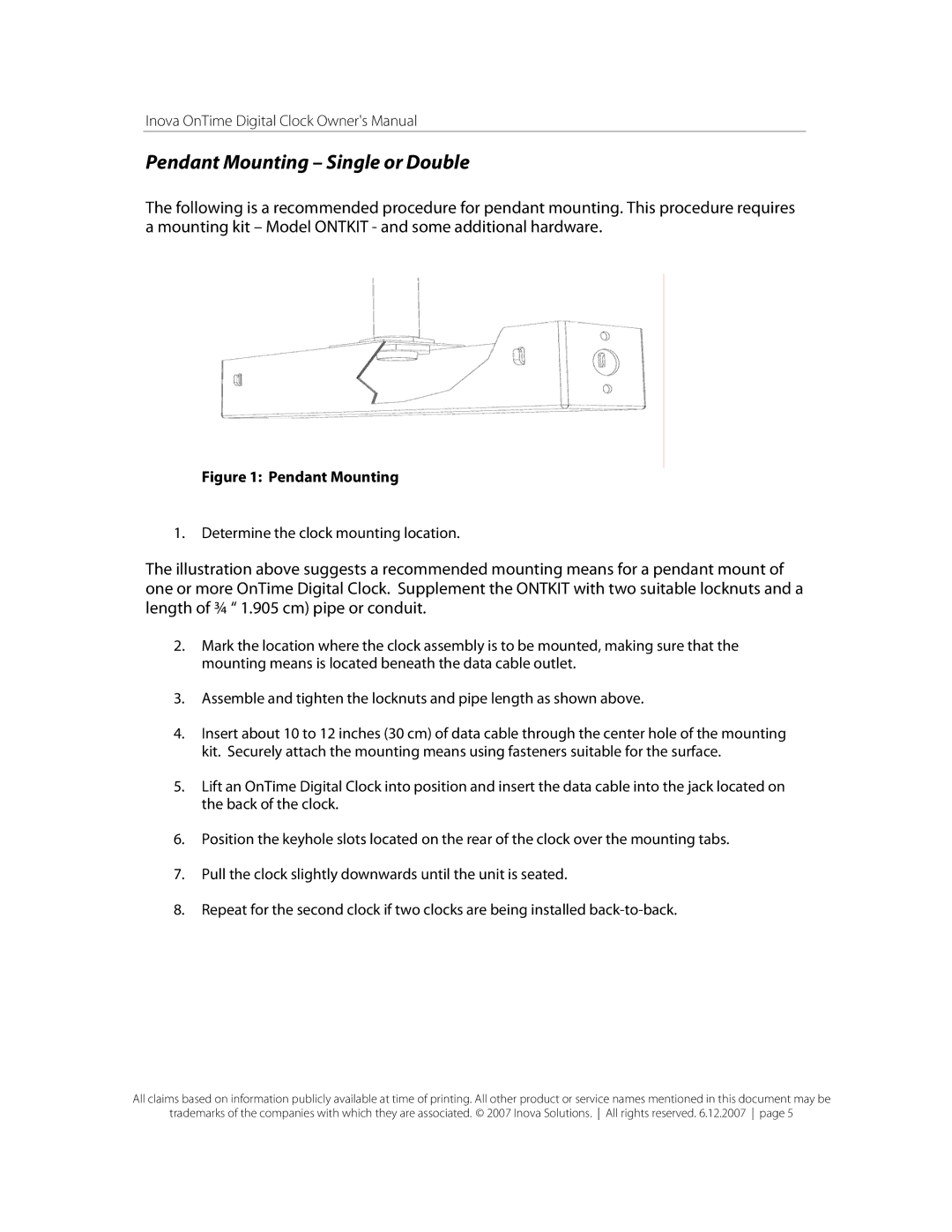 Inova OnTimeTM owner manual Pendant Mounting Single or Double 