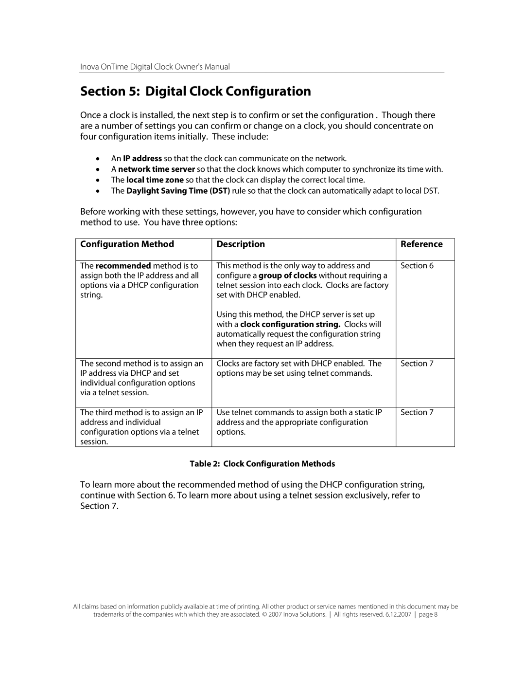 Inova OnTimeTM Digital Clock Configuration, Configuration Method Description Reference, Clock Configuration Methods 