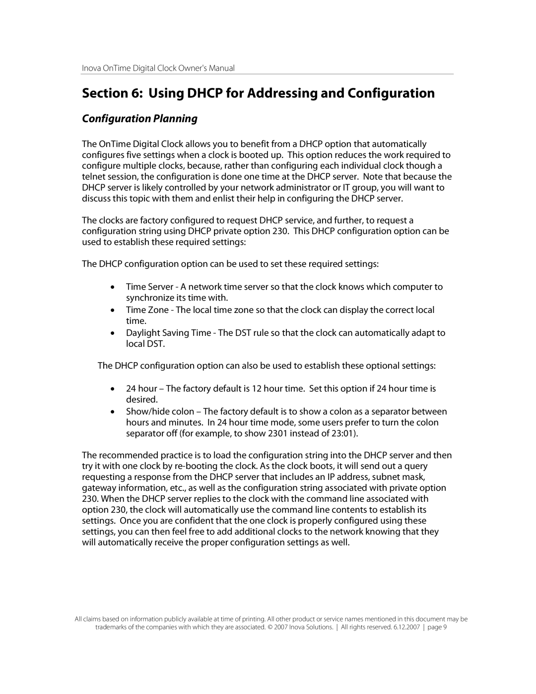 Inova OnTimeTM owner manual Using Dhcp for Addressing and Configuration, Configuration Planning 