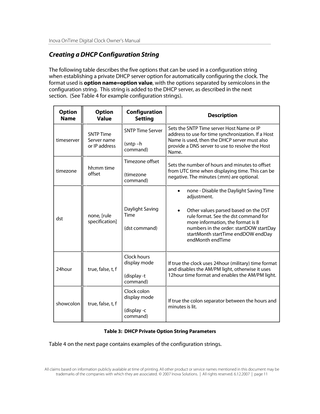 Inova OnTimeTM owner manual Creating a Dhcp Configuration String, Option Name, Option Value, Configuration Setting 