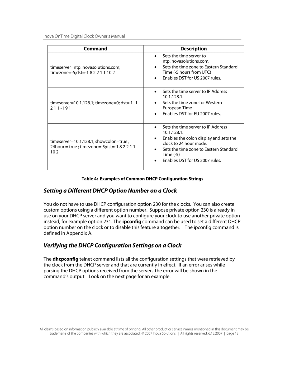 Inova OnTimeTM Setting a Different Dhcp Option Number on a Clock, Verifying the Dhcp Configuration Settings on a Clock 