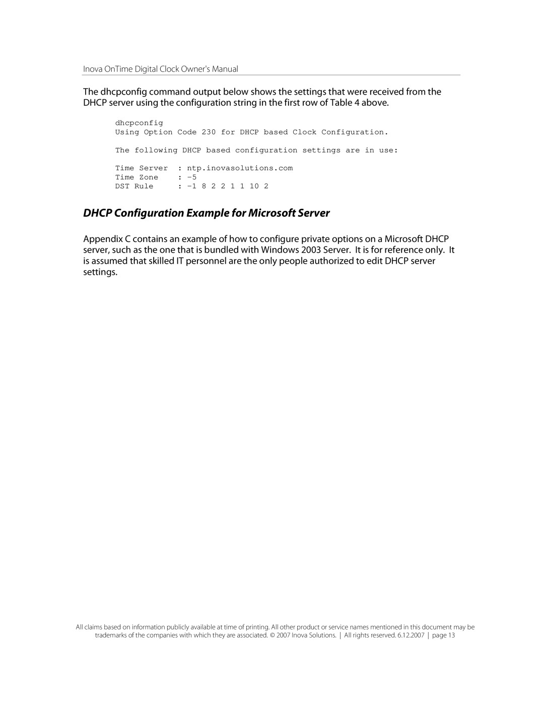 Inova OnTimeTM owner manual Dhcp Configuration Example for Microsoft Server 