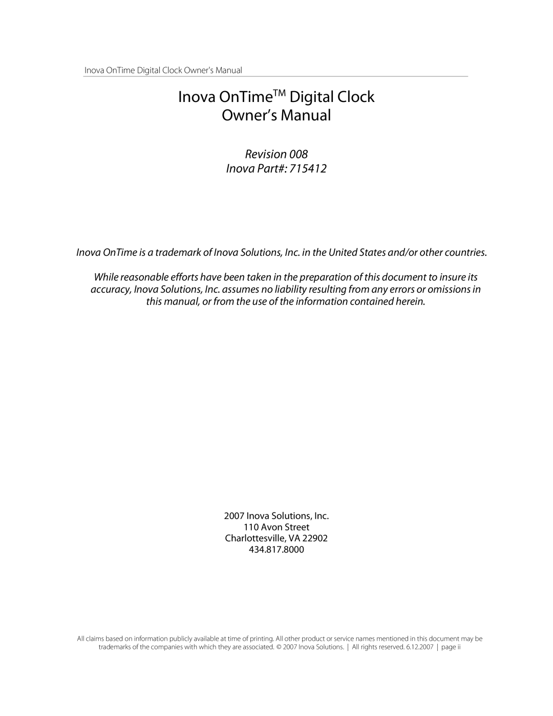 Inova owner manual Inova OnTimeTM Digital Clock 