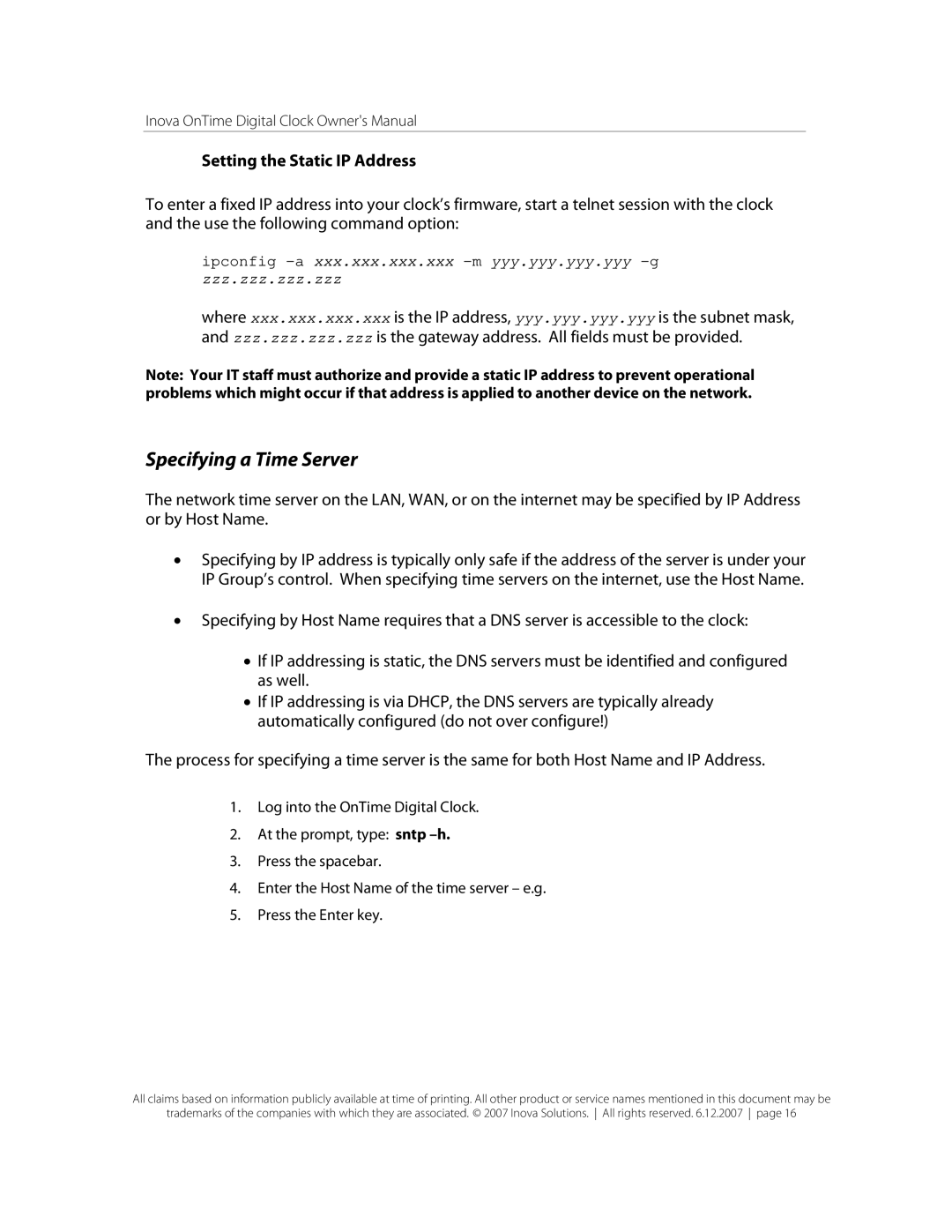 Inova OnTimeTM owner manual Specifying a Time Server, Setting the Static IP Address 