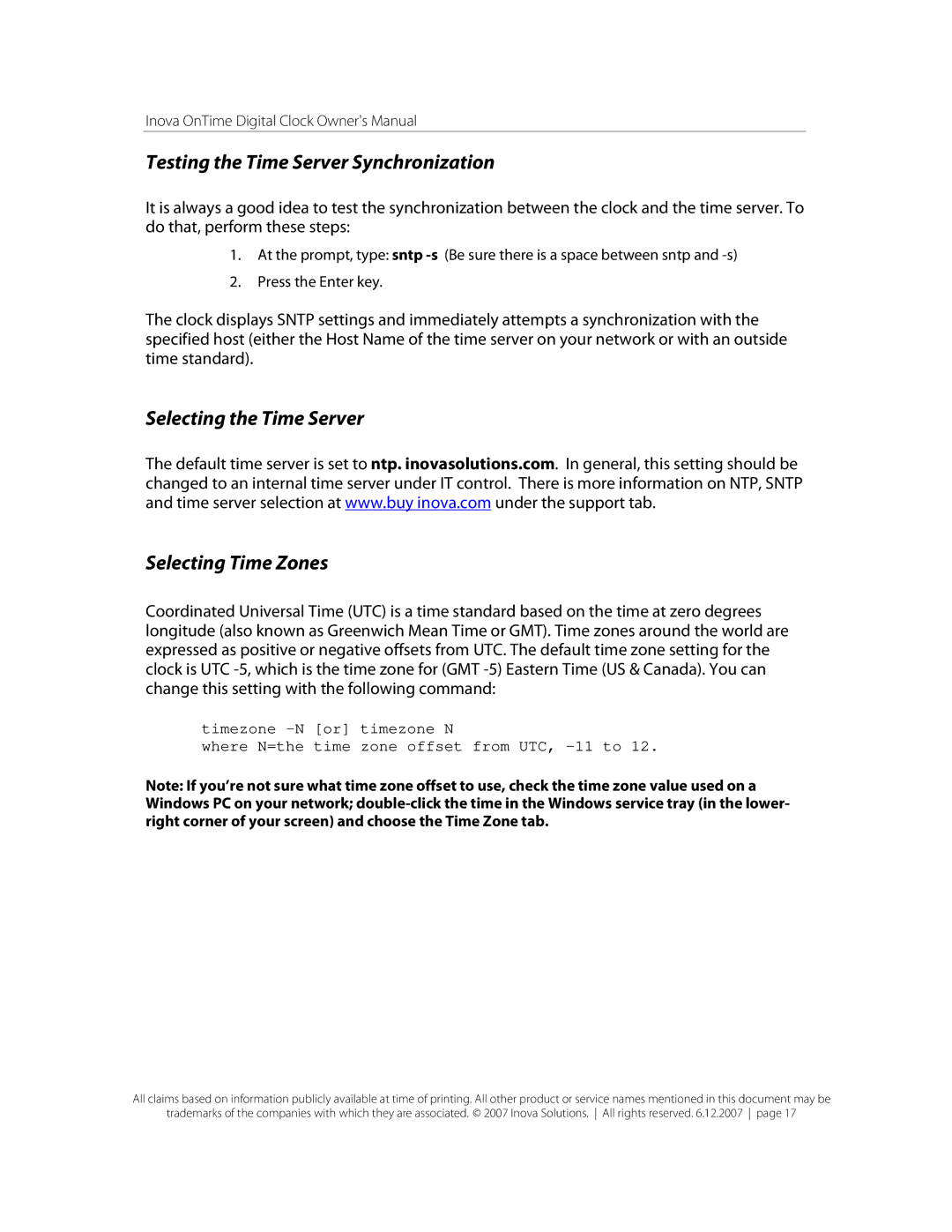 Inova OnTimeTM owner manual Testing the Time Server Synchronization, Selecting the Time Server Selecting Time Zones 