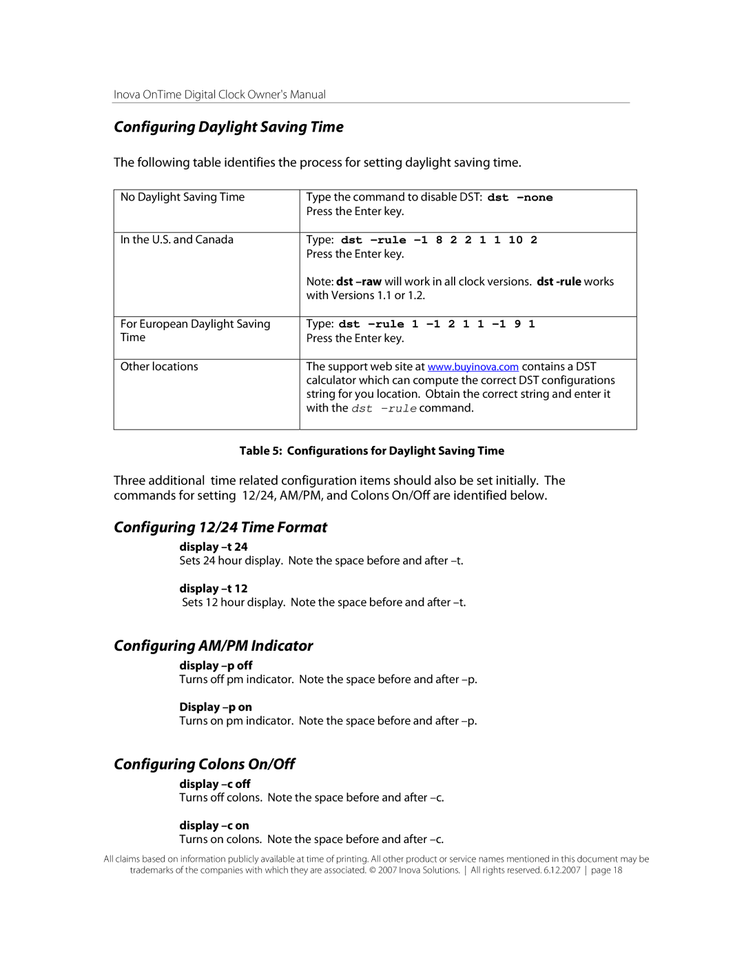 Inova OnTimeTM owner manual Configuring Daylight Saving Time, Configuring 12/24 Time Format, Configuring AM/PM Indicator 