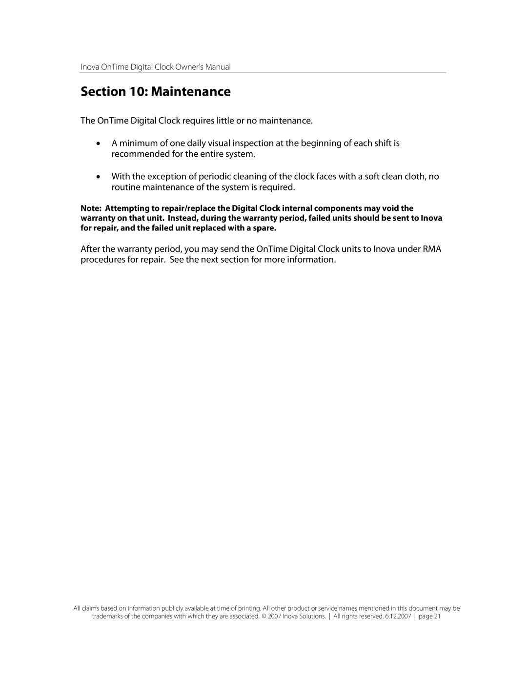 Inova OnTimeTM owner manual Maintenance 