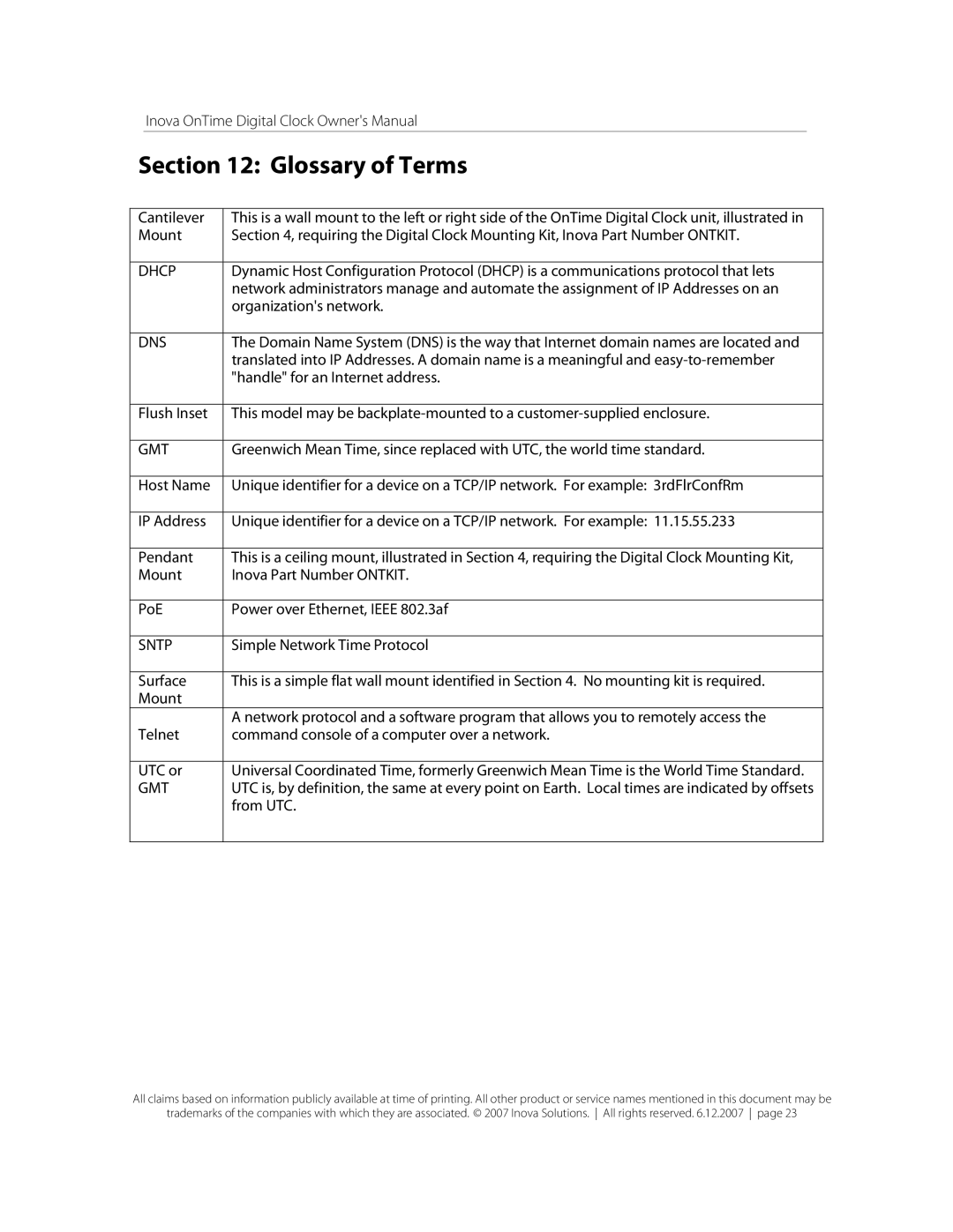 Inova OnTimeTM owner manual Glossary of Terms, Cantilever 