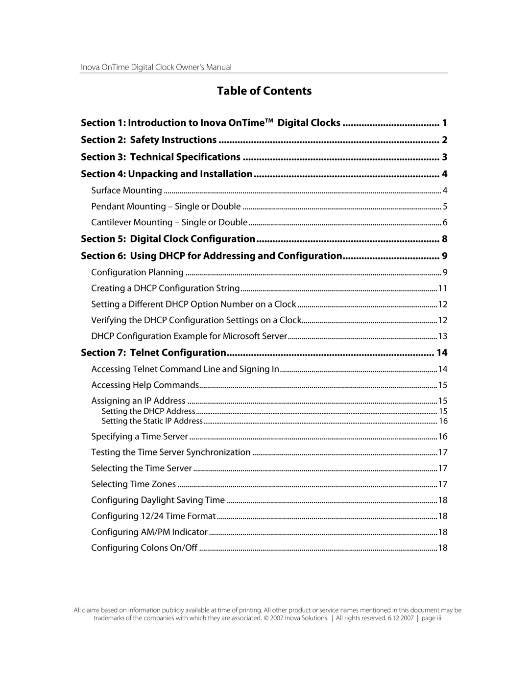 Inova OnTimeTM owner manual Table of Contents 