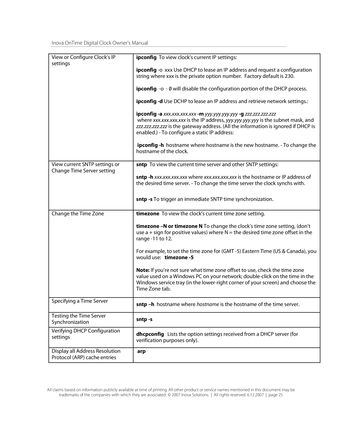 Inova OnTimeTM owner manual Sntp -s, Arp 