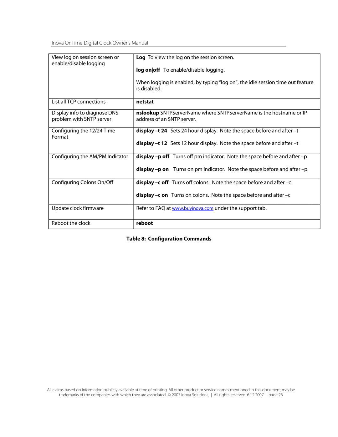 Inova OnTimeTM owner manual Netstat, Reboot Configuration Commands 