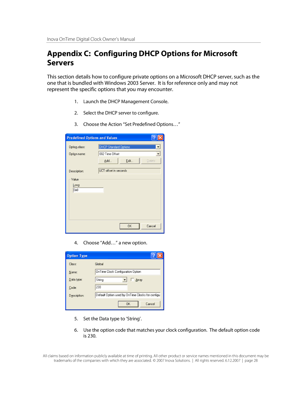 Inova OnTimeTM owner manual Appendix C Configuring Dhcp Options for Microsoft Servers 