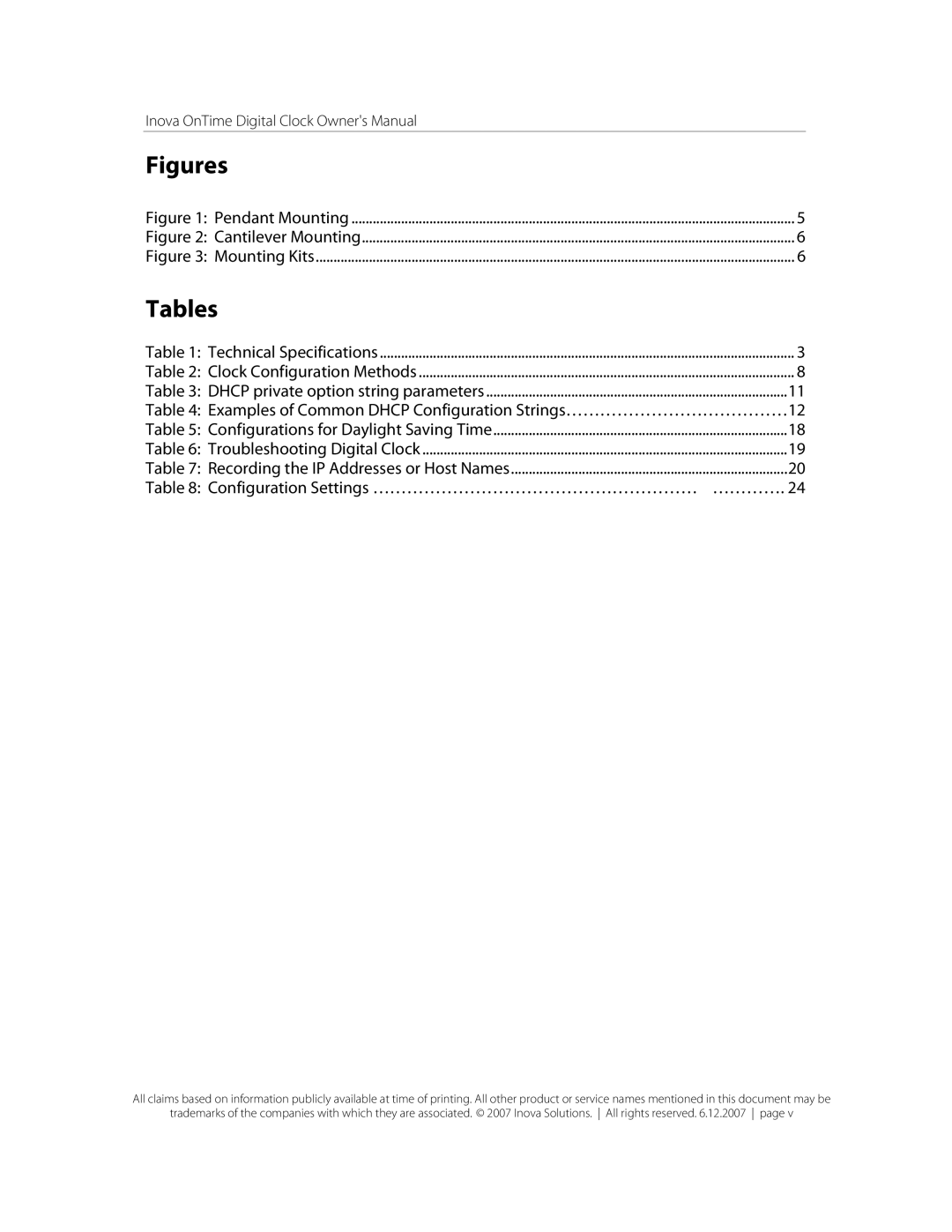 Inova OnTimeTM owner manual Figures, Tables 