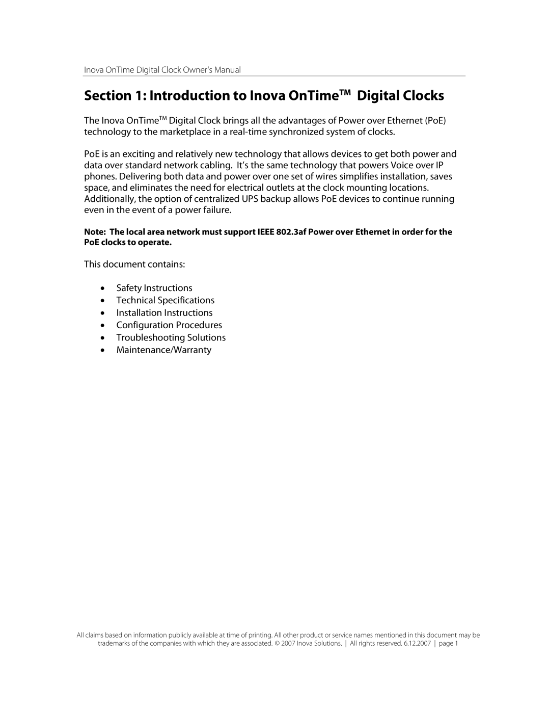 Inova owner manual Introduction to Inova OnTimeTM Digital Clocks 