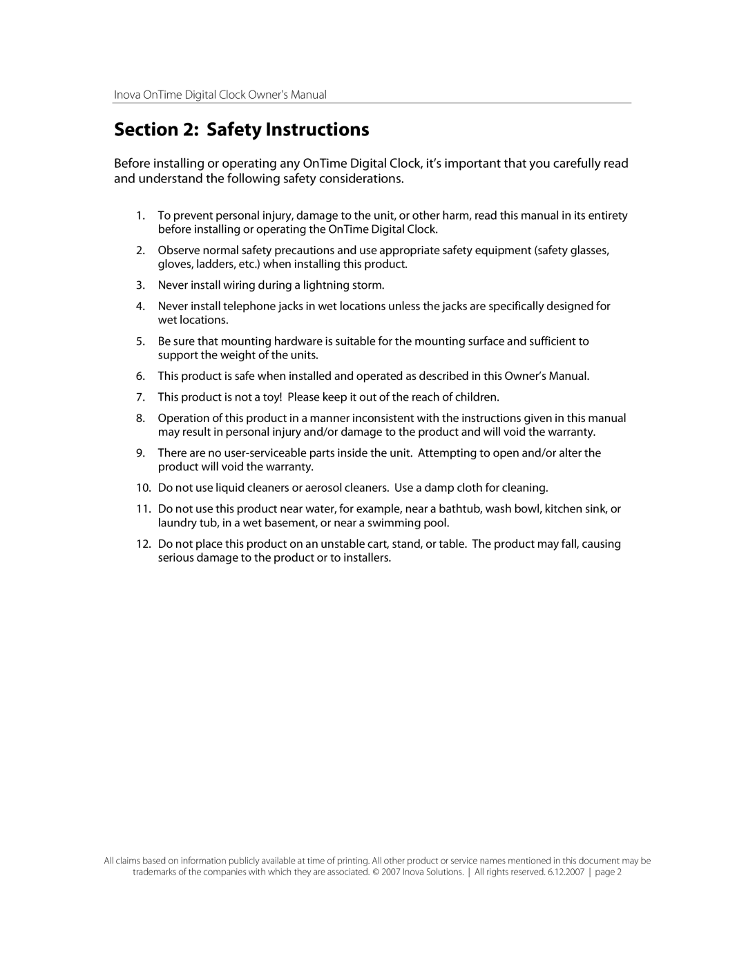 Inova OnTimeTM owner manual Safety Instructions 