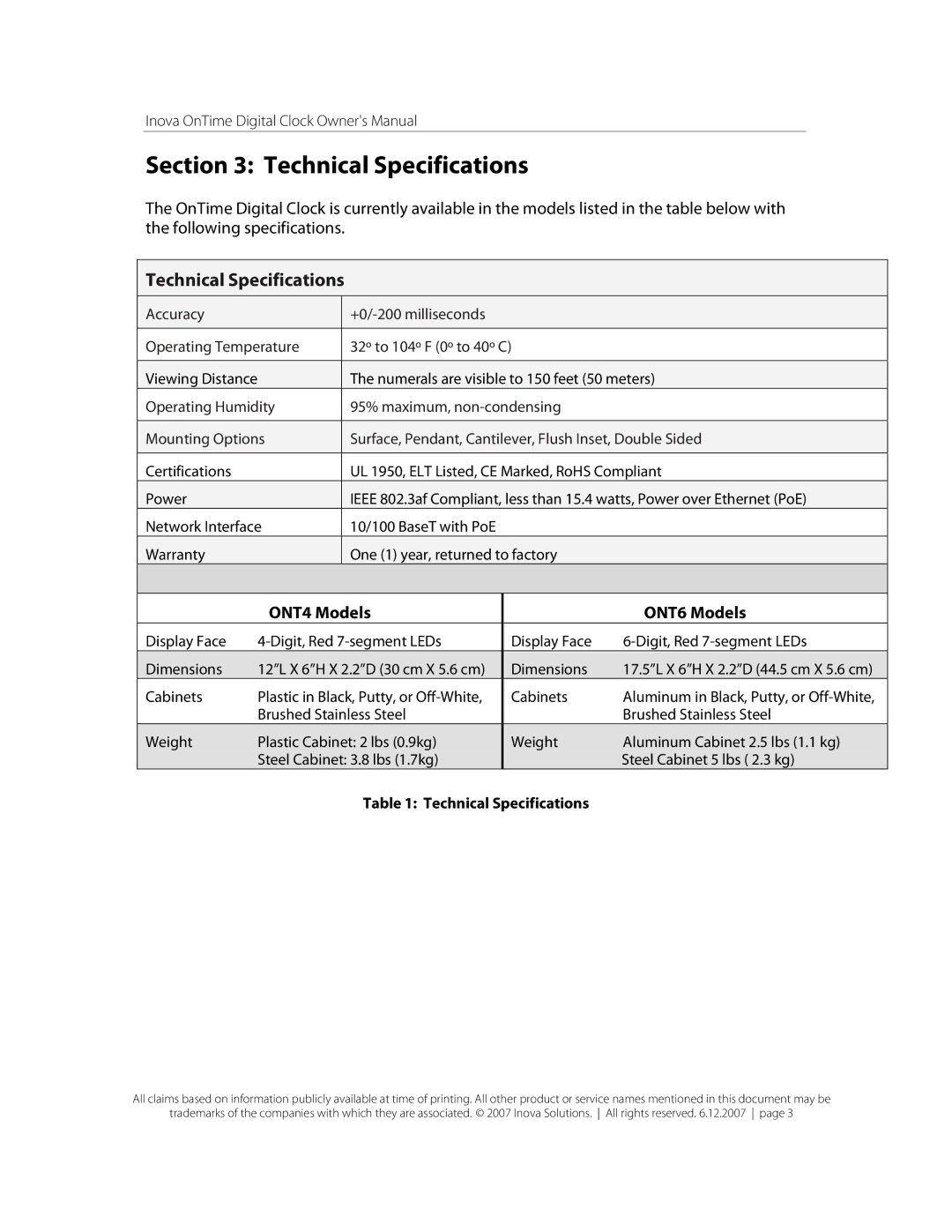 Inova OnTimeTM owner manual Technical Specifications, ONT4 Models ONT6 Models 