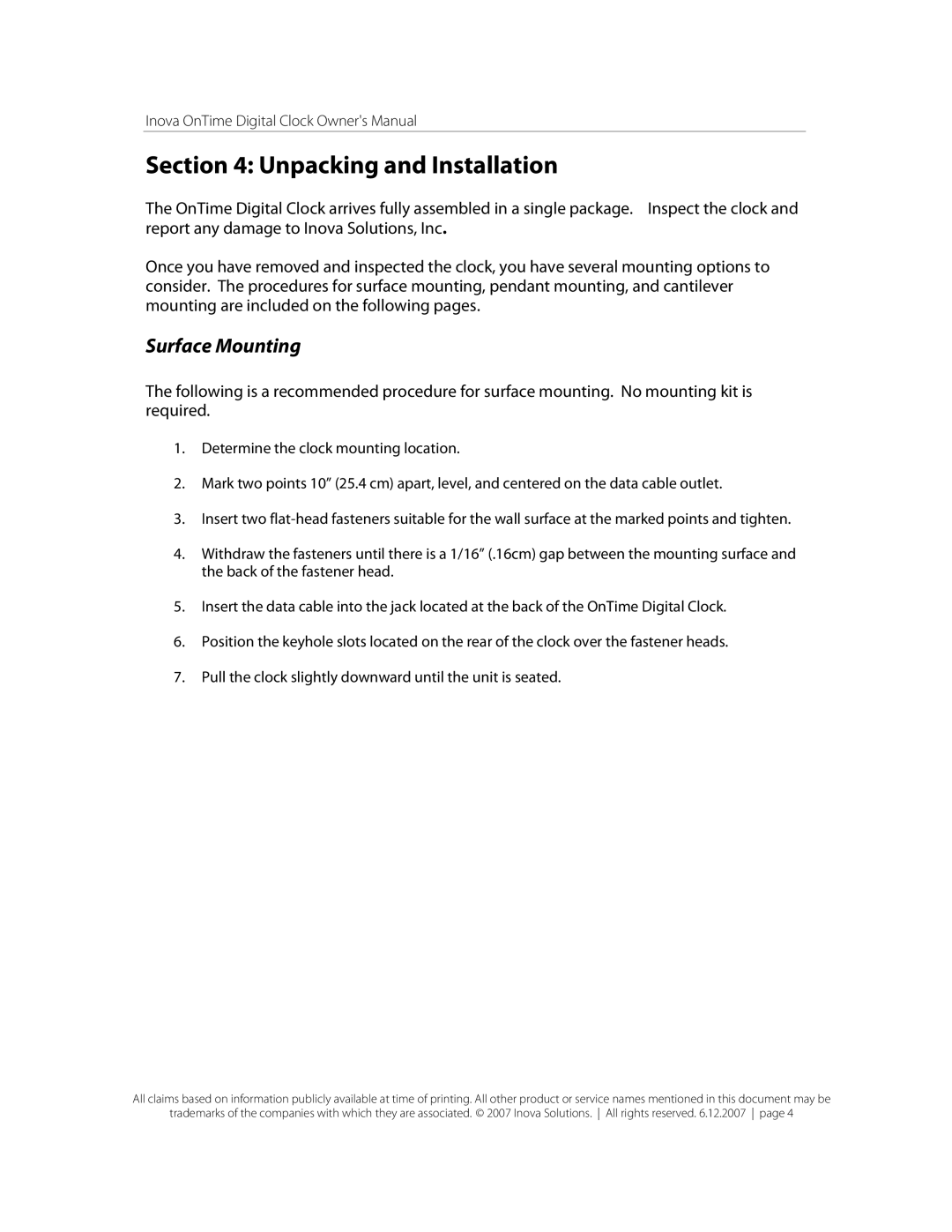 Inova OnTimeTM owner manual Unpacking and Installation, Surface Mounting 