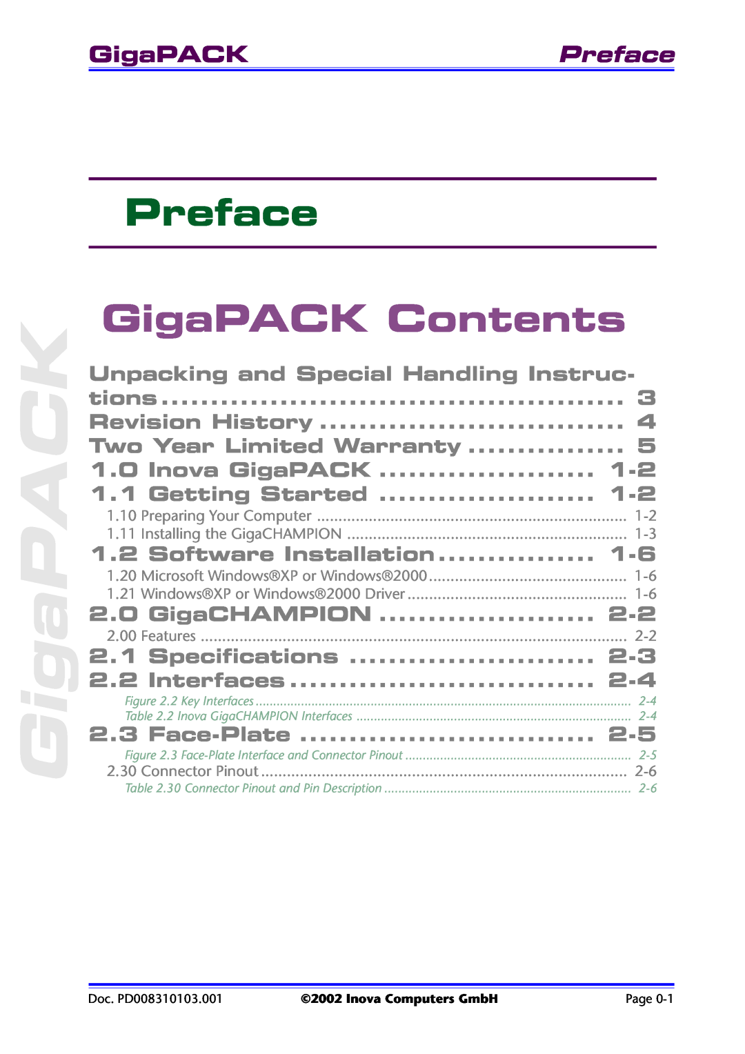 Inova PD008310103.001 AB user manual GigaPACK Contents, GigaPACKPreface 