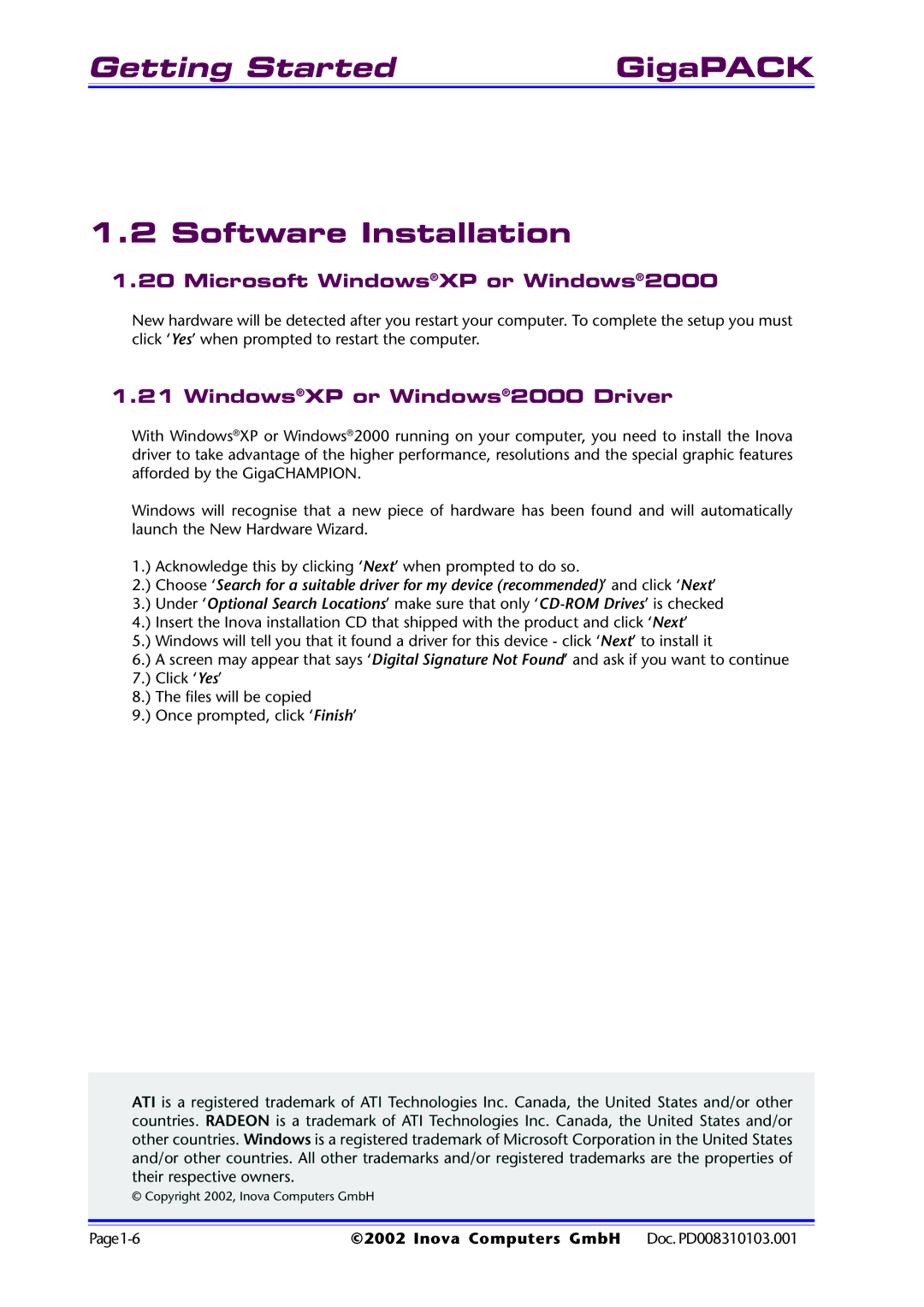 Inova PD008310103.001 AB Software Installation, Microsoft WindowsXP or Windows2000, WindowsXP or Windows2000 Driver 