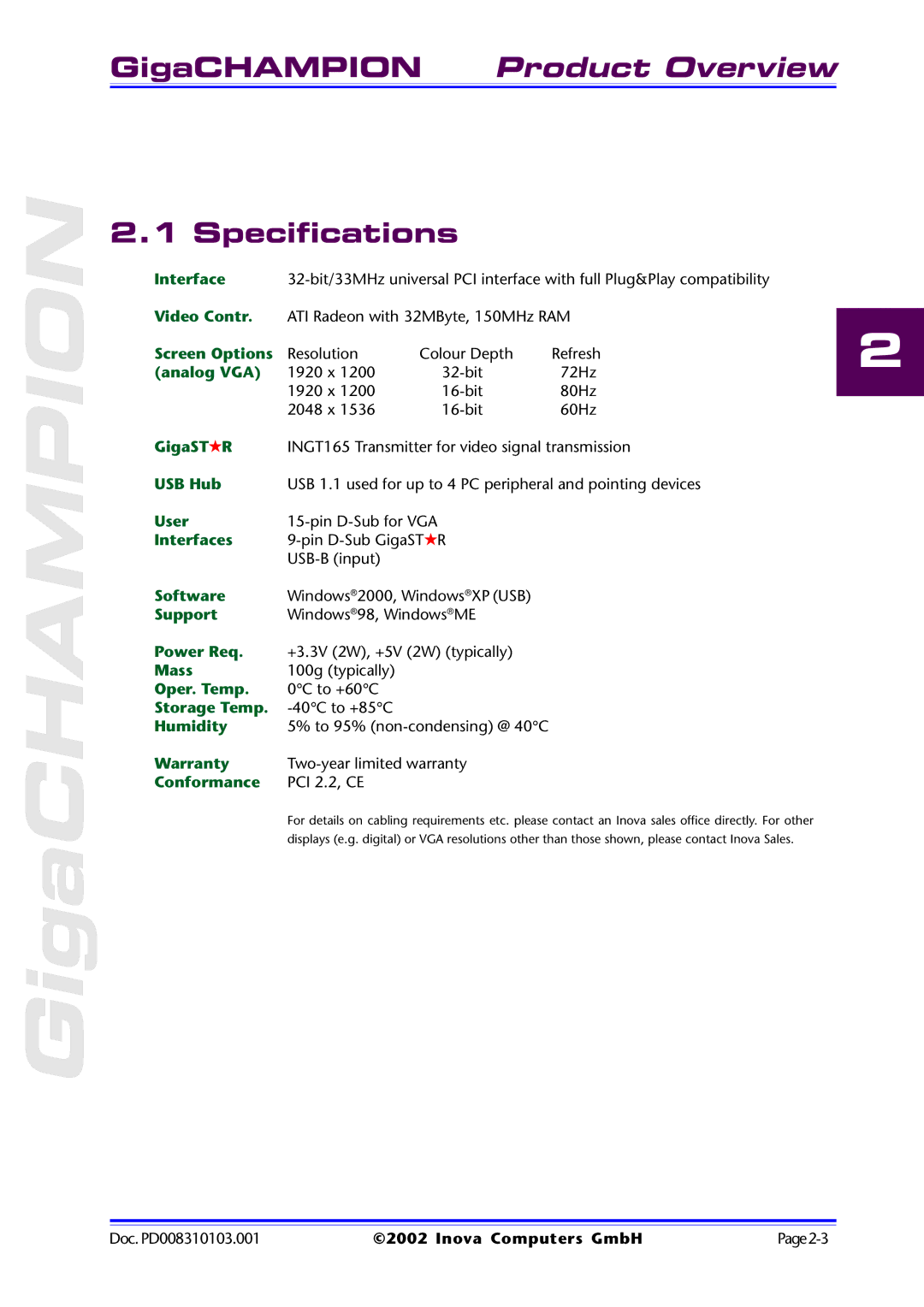 Inova PD008310103.001 AB user manual Specifications, Conformance 