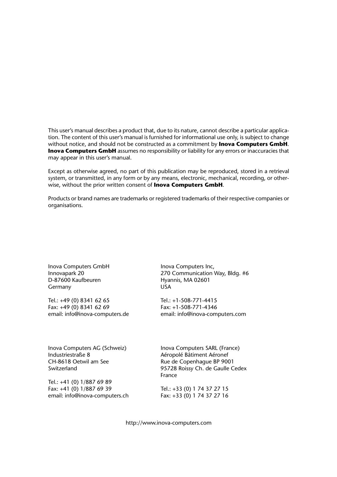 Inova PD008310103.001 AB user manual Usa 