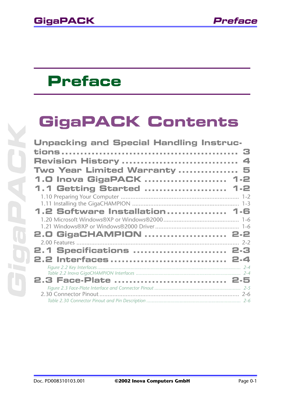 Inova PD008310103.001 AB user manual GigaPACK Contents 