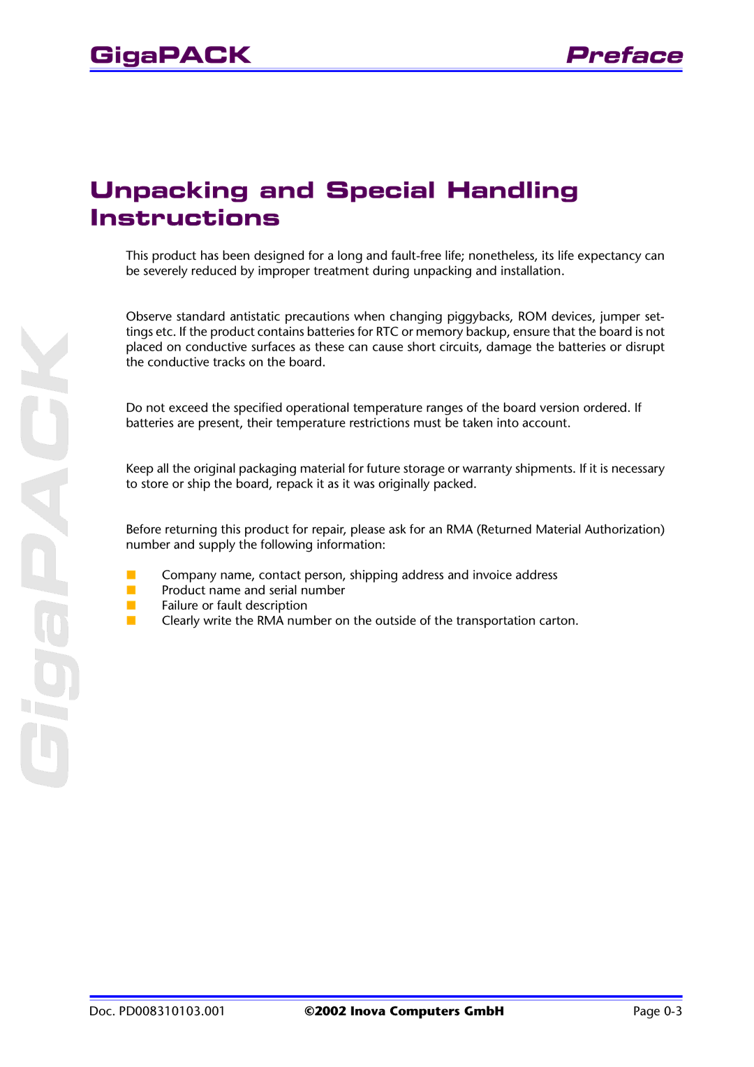 Inova PD008310103.001 AB user manual Unpacking and Special Handling Instructions 