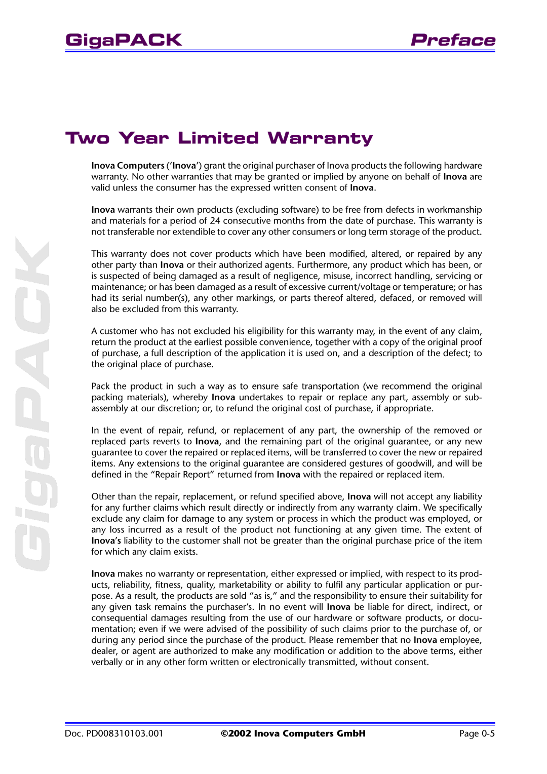 Inova PD008310103.001 AB user manual GigaPACKPreface Two Year Limited Warranty 