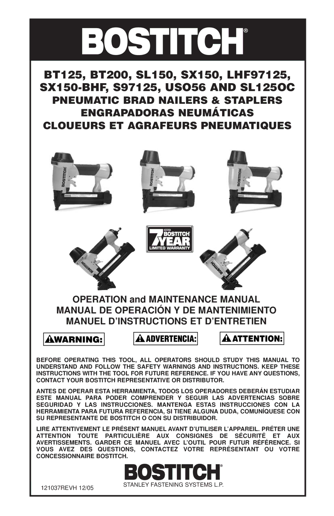 Inova SX150-BHF, SL150, USO56, SL125OC, S97125, LHF97125, BT125, BT200 manual Stanley Fastening Systems L.P 