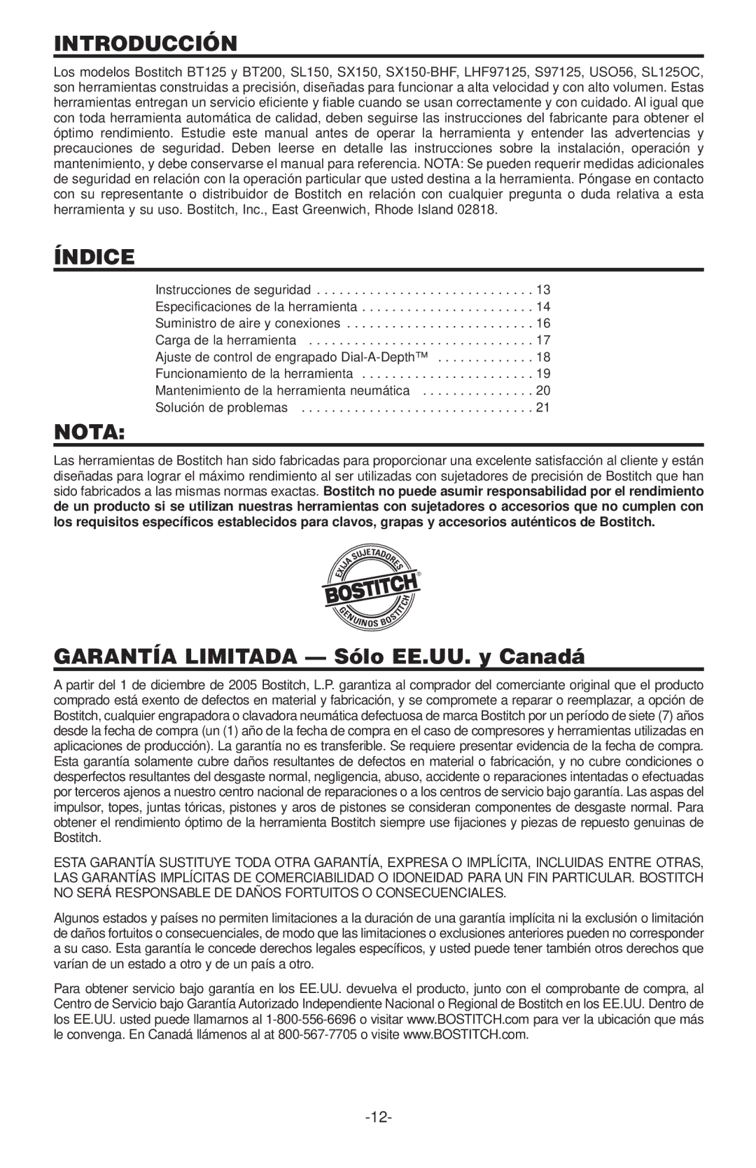 Inova USO56, SX150-BHF, SL150, SL125OC, S97125, LHF97125, BT125, BT200 manual Introducción, Índice, Nota 