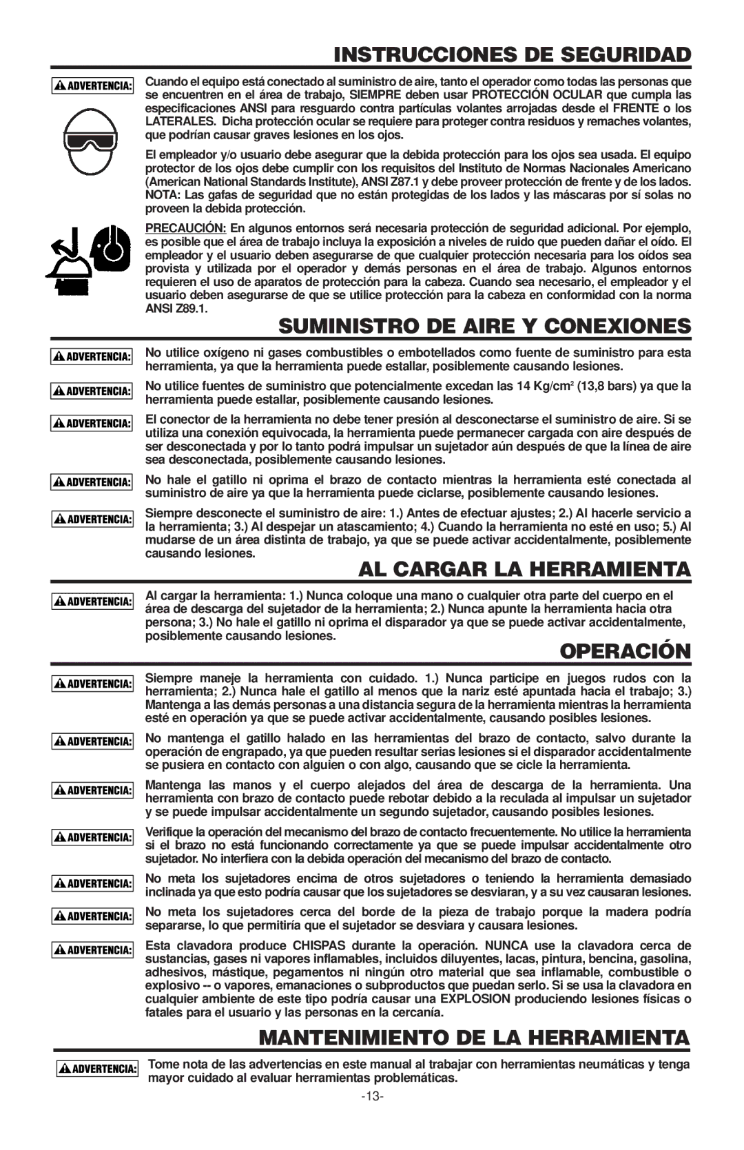 Inova SL125OC, SX150-BHF Instrucciones DE Seguridad, Suministro DE Aire Y Conexiones, AL Cargar LA Herramienta, Operación 