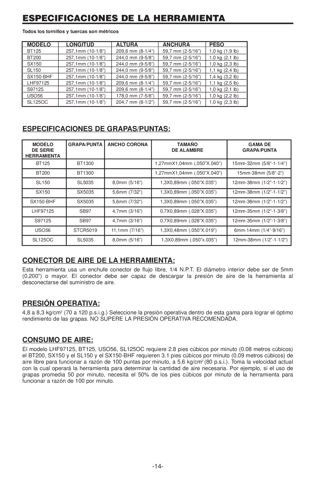 Inova S97125 Especificaciones DE LA Herramienta, Especificaciones DE GRAPAS/PUNTAS, Conector DE Aire DE LA Herramienta 