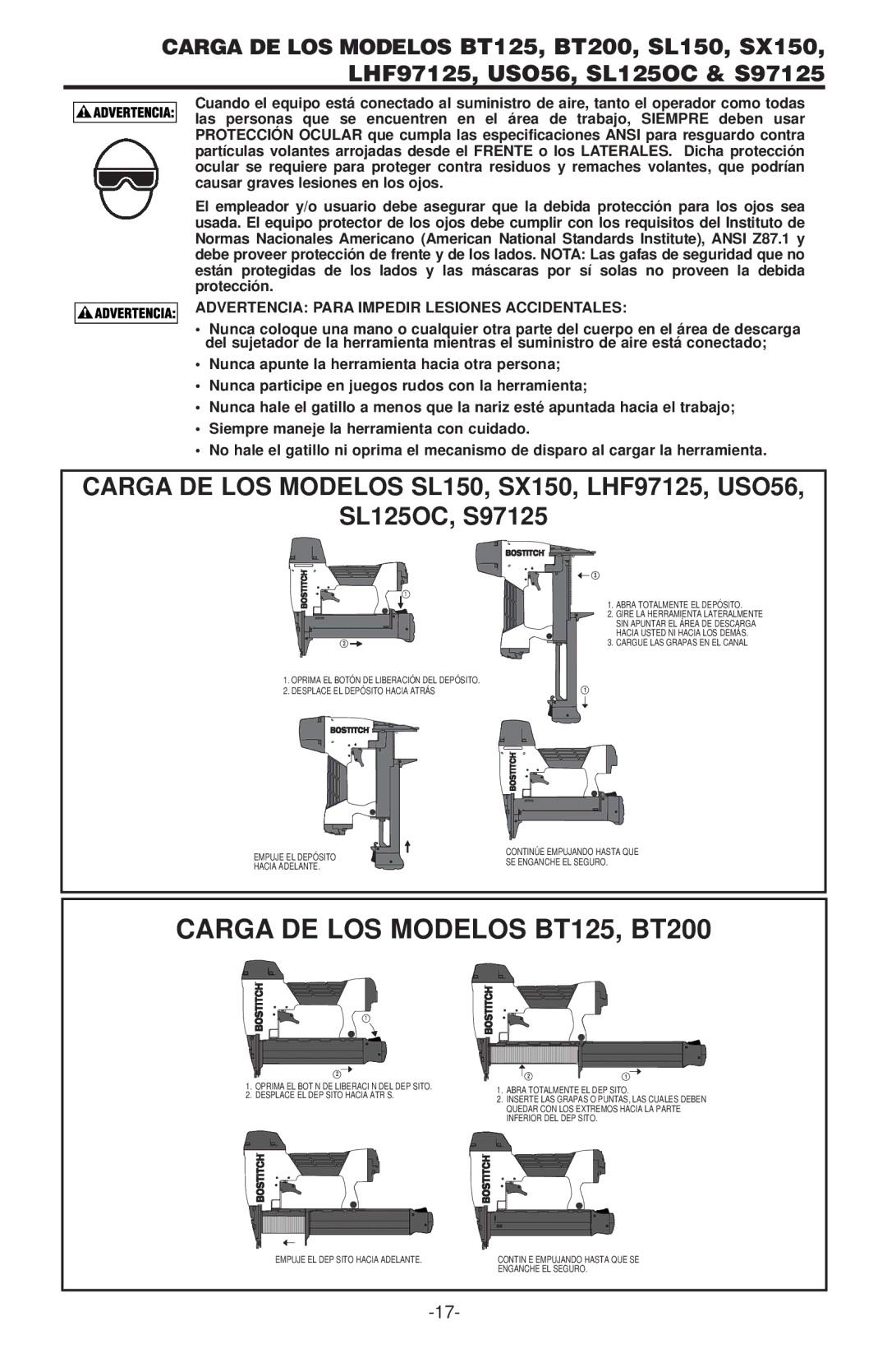 Inova BT200, SX150-BHF Carga DE LOS Modelos SL150, SX150, LHF97125, USO56, Advertencia Para Impedir Lesiones Accidentales 