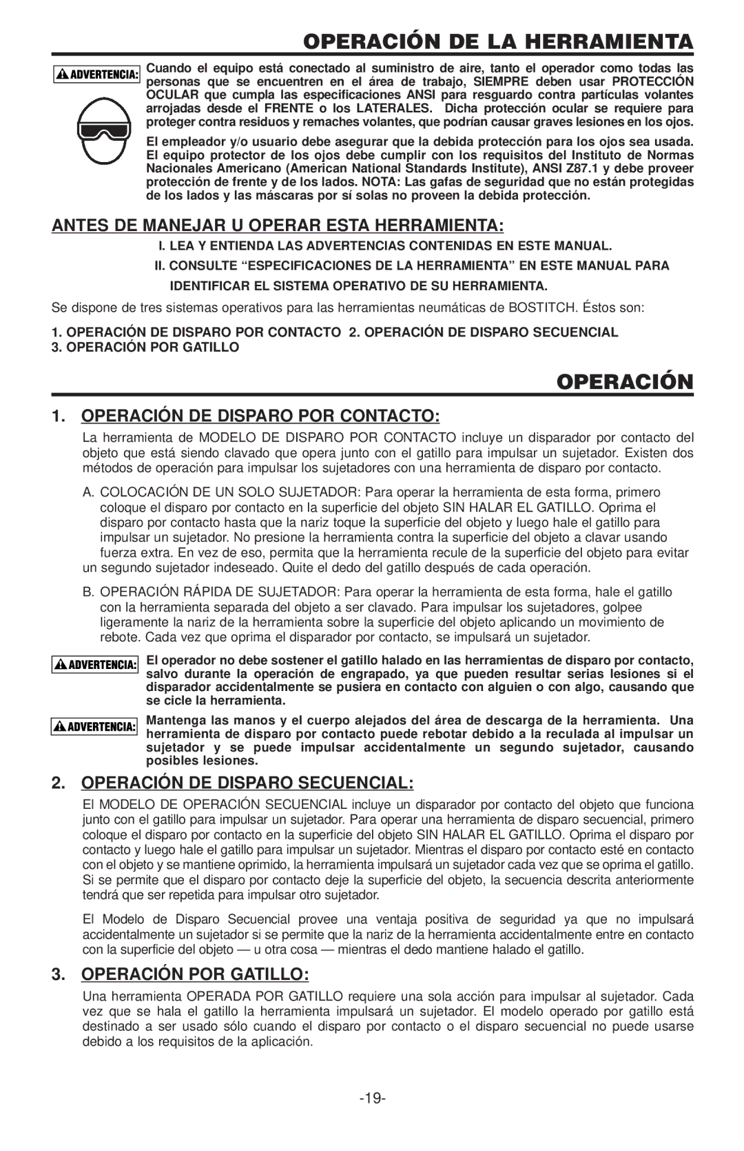 Inova SX150 Operación DE LA Herramienta, Antes DE Manejar U Operar Esta Herramienta, Operación DE Disp ARO POR Contacto 