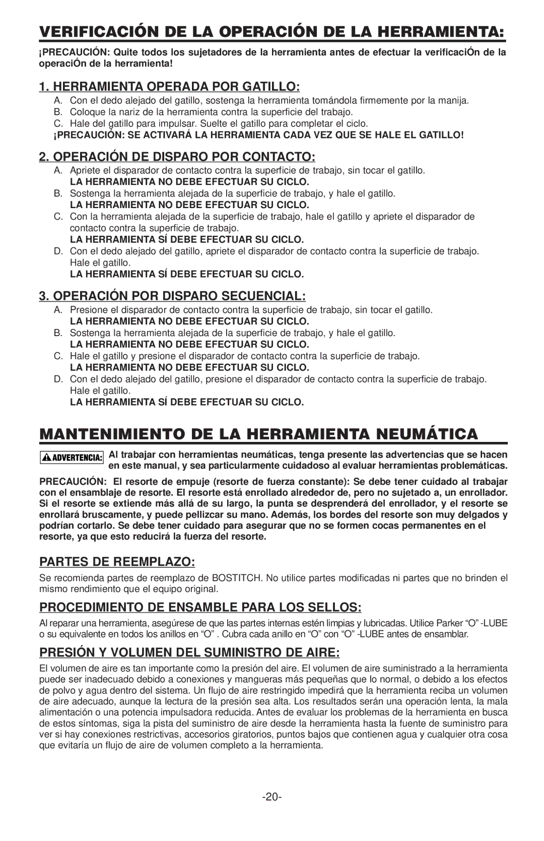 Inova SL150, SX150-BHF, USO56 Verificación DE LA Operación DE LA Herramienta, Mantenimiento DE LA Herramienta Neumática 