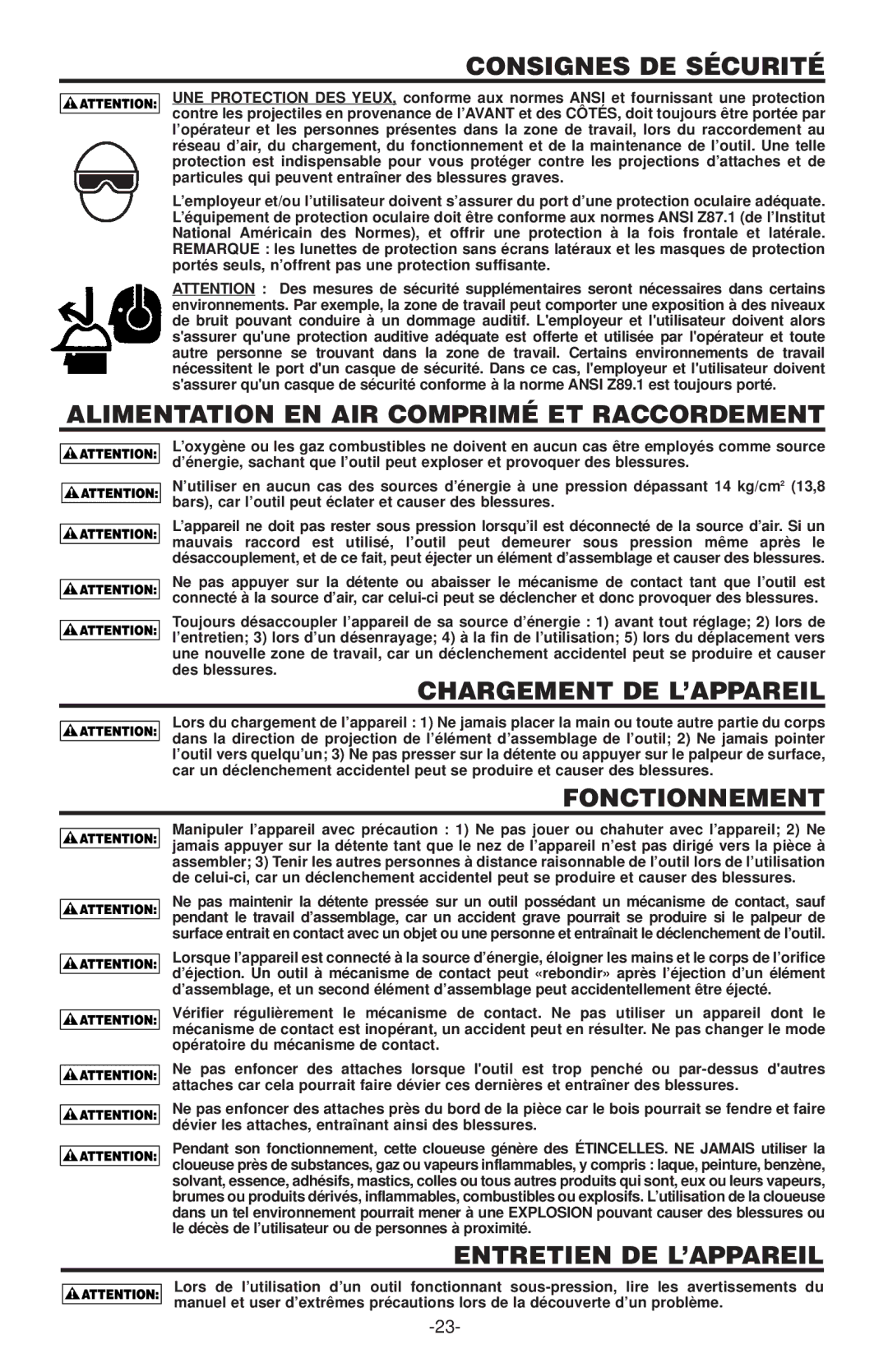 Inova S97125 Consignes DE Sécurité, Alimentation EN AIR Comprimé ET Raccordement, Chargement DE L’APPAREIL, Fonctionnement 