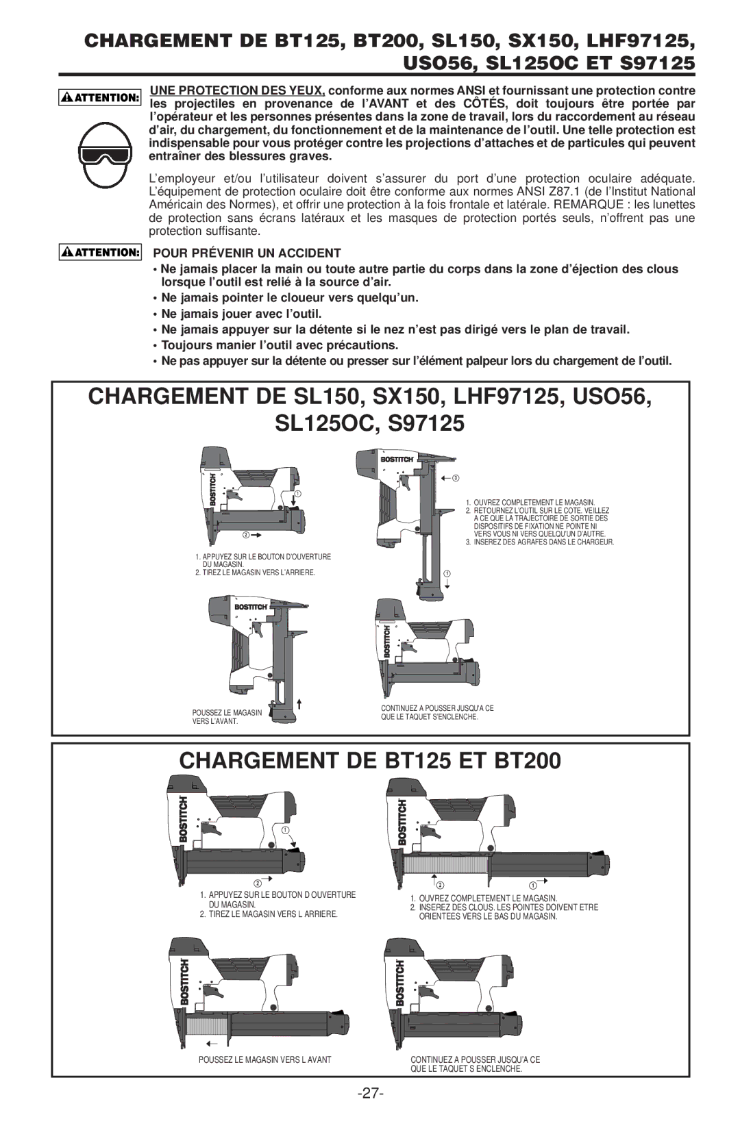 Inova SX150-BHF, BT125, BT200 manual Chargement DE SL150, SX150, LHF97125, USO56 SL125OC, S97125, Pour Prévenir UN Accident 