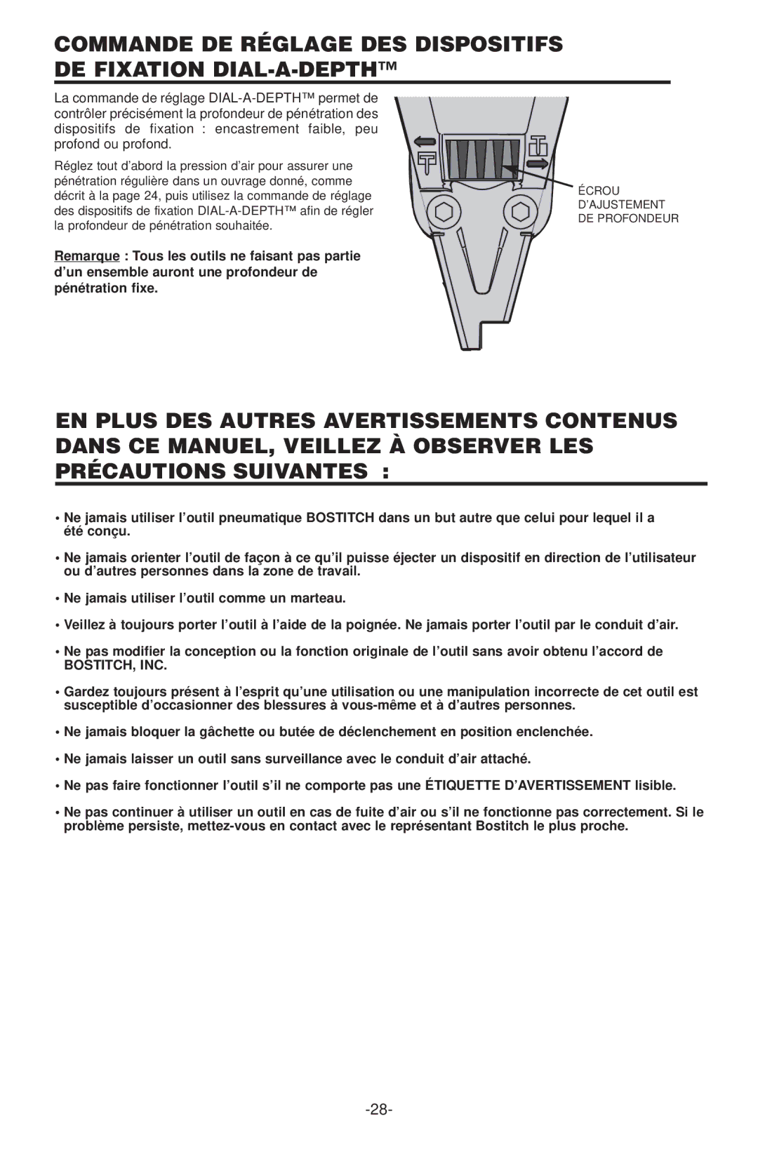 Inova SX150-BHF, SL150, USO56, SL125OC, S97125, LHF97125, BT125 Commande DE Réglage DES Dispositifs DE Fixation DIAL-A-DEPTH 