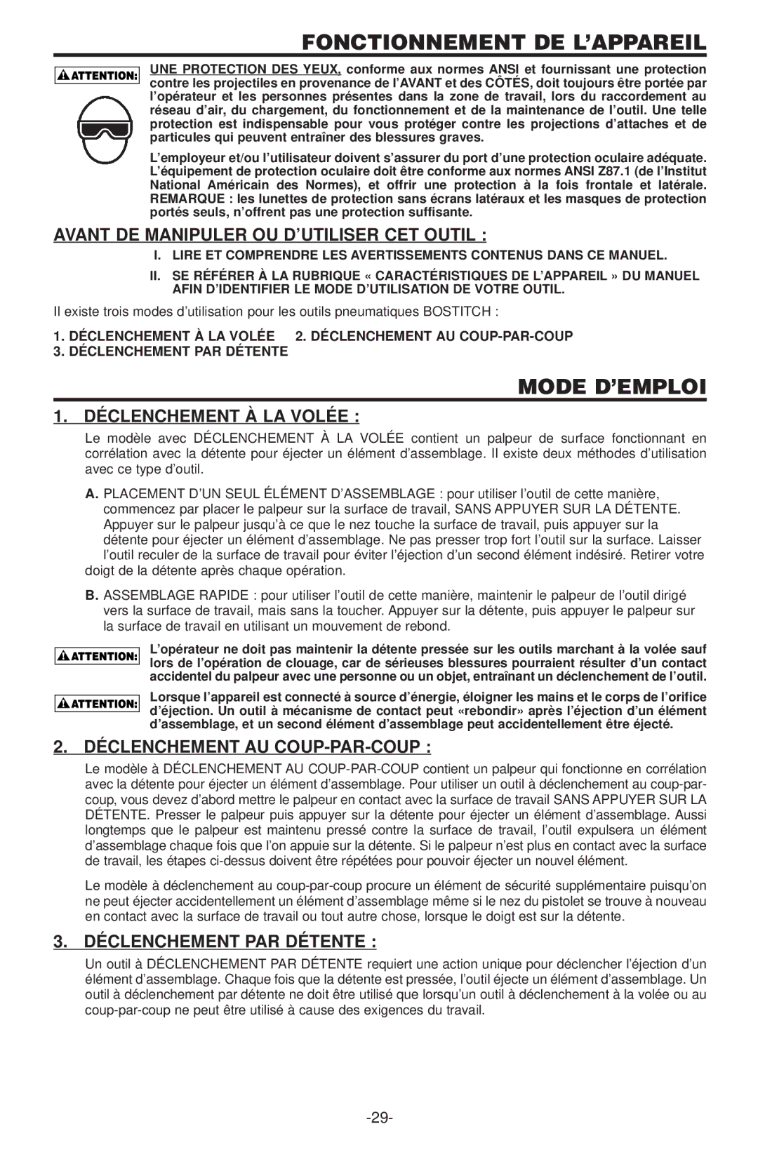 Inova SL150, SX150-BHF, USO56, BT125 Fonctionnement DE L’APPAREIL, Mode D’EMPLOI, Avant DE Manipuler OU D’UTILISER CET Outil 