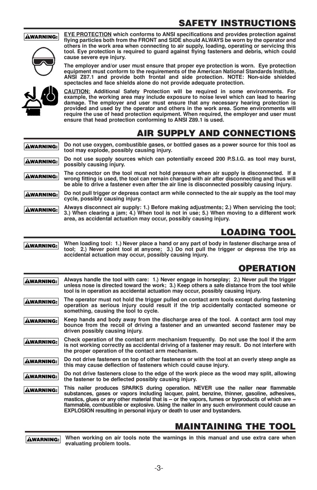 Inova USO56, SX150-BHF manual Safety Instructions, AIR Supply and Connections, Loading Tool, Operation, Maintaining the Tool 